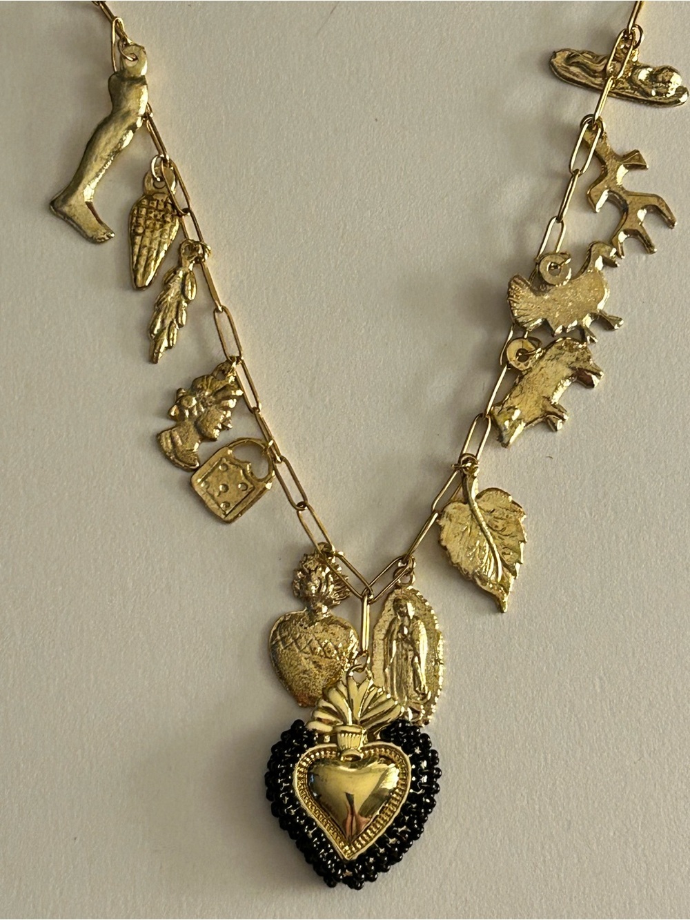 NWOT Mexican Charm Necklace Dia de Los Muertos heart Milagros, Madonna, animals